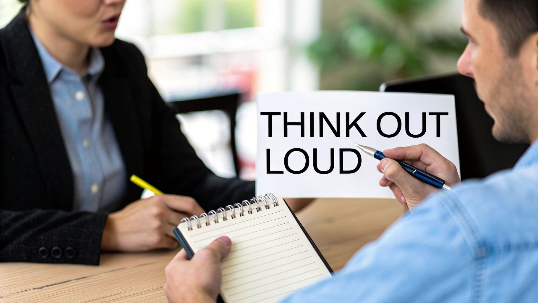 A person holding a 'Think Out Loud' sign while discussing with another individual in a meeting.