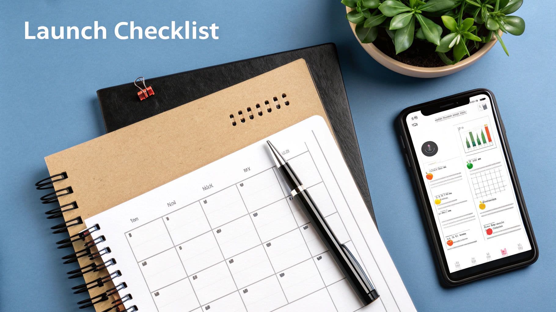 A flat lay shows a 'Launch Checklist' text, notebooks, a pen, a plant, and a smartphone with data.
