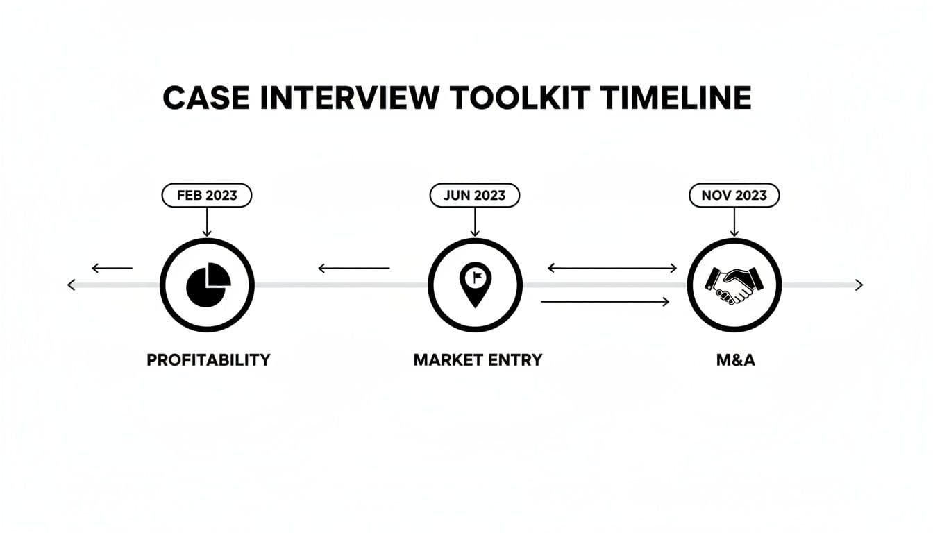A case interview toolkit timeline showing profitability (Feb 2023), market entry (Jun 2023), and M&A (Nov 2023).