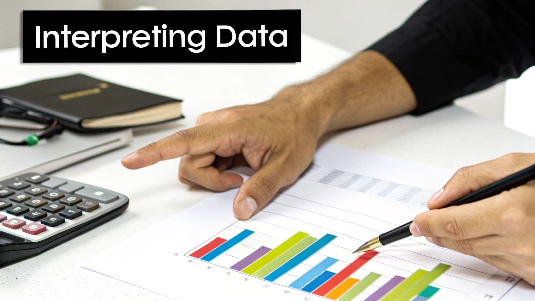 Close-up of hands interpreting data on a bar chart with a pen and calculator.