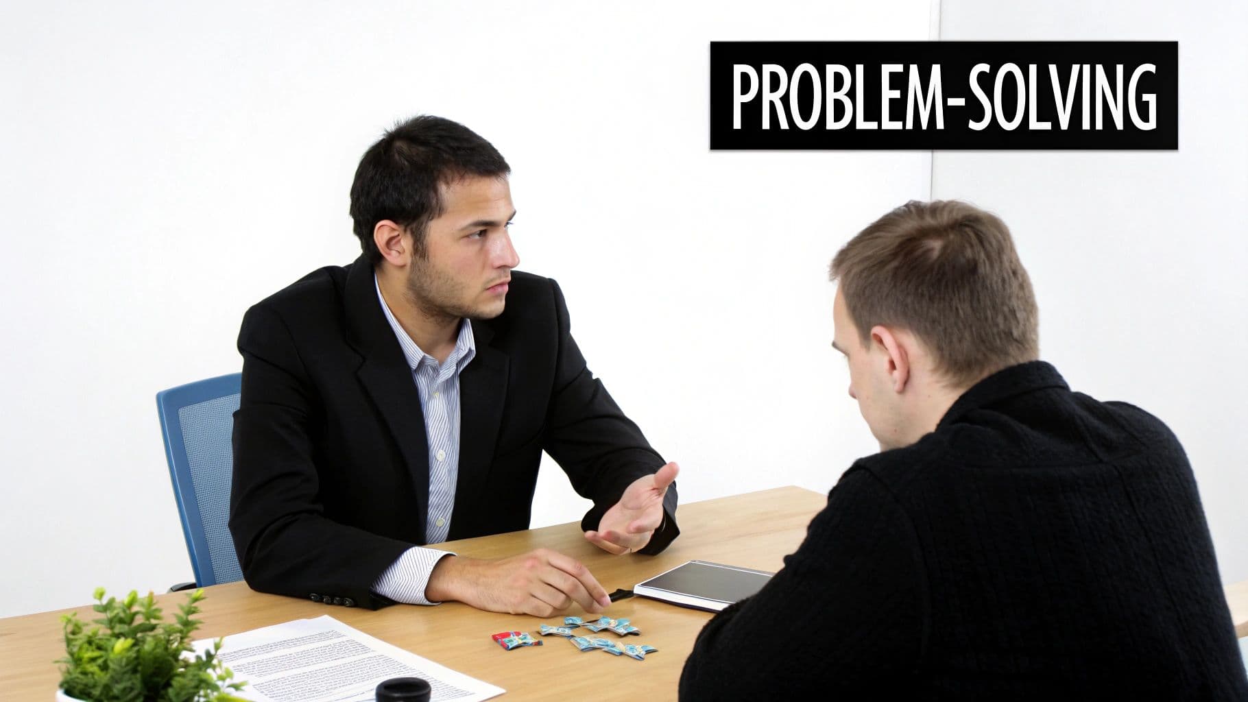 Two men discussing at a table with puzzle pieces and a 'PROBLEM-SOLVING' banner, suggesting a collaborative task.
