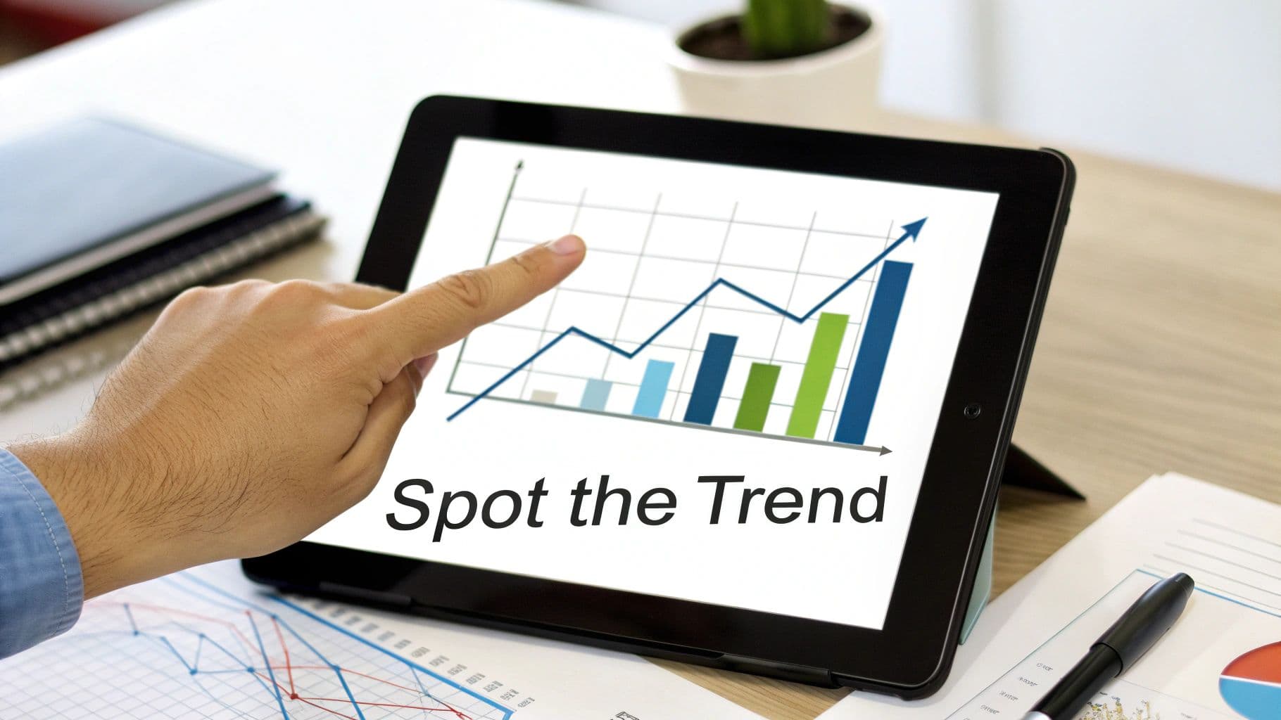 A hand points at a tablet displaying a rising graph, bar chart, and 'Spot the Trend' text.