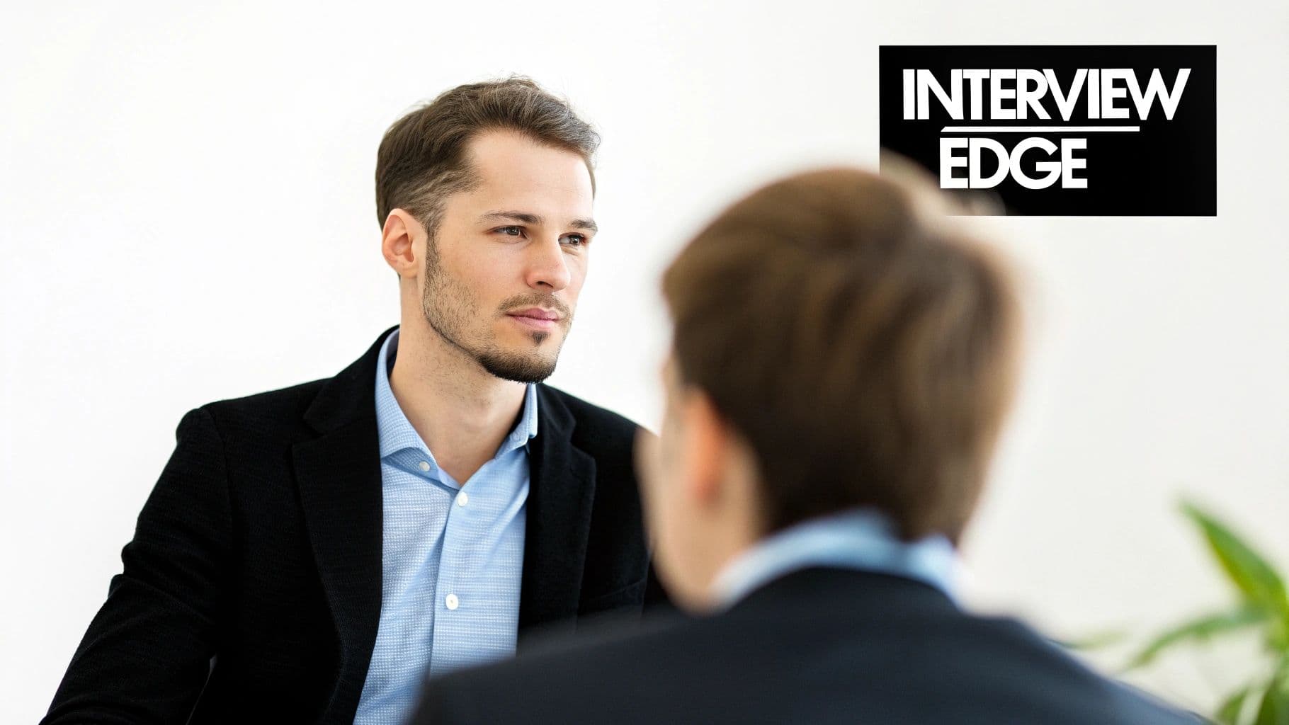 A focused man in a suit during a business interview with the 'Interview Edge' logo.