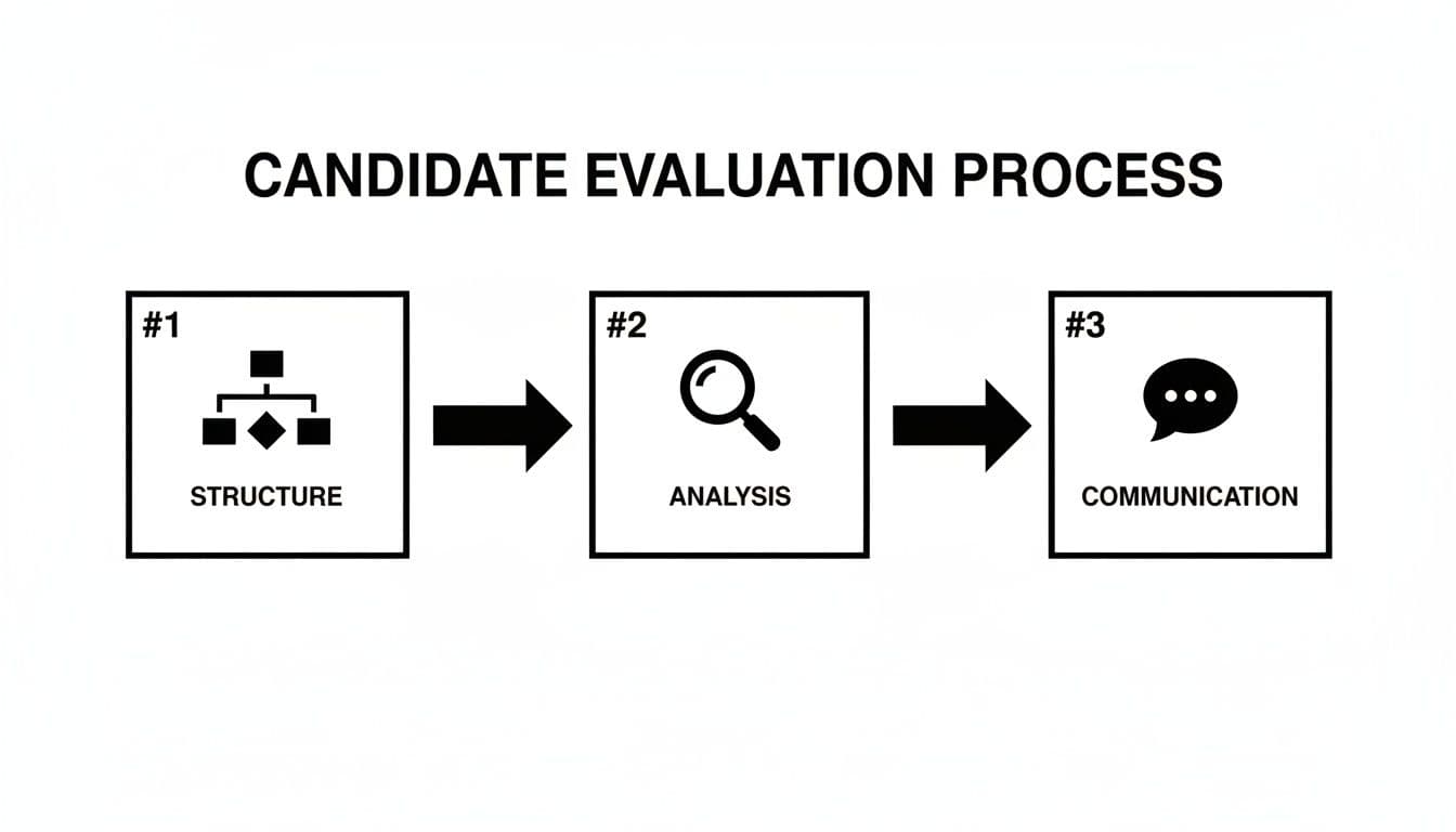 A flowchart showing the three steps of a candidate evaluation process: Structure, Analysis, and Communication.