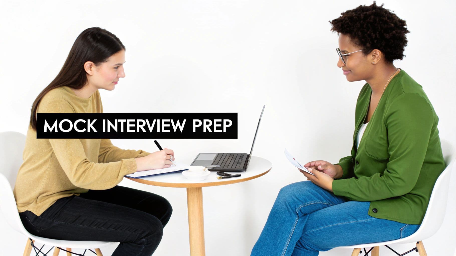 Two diverse women engaging in a mock interview prep session with a laptop and notes.