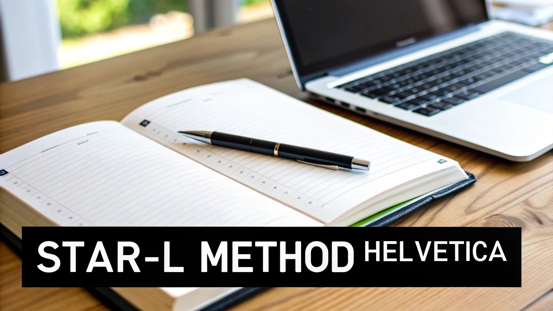 An open notebook with a pen rests on a wooden desk, with a laptop partially visible in the background.