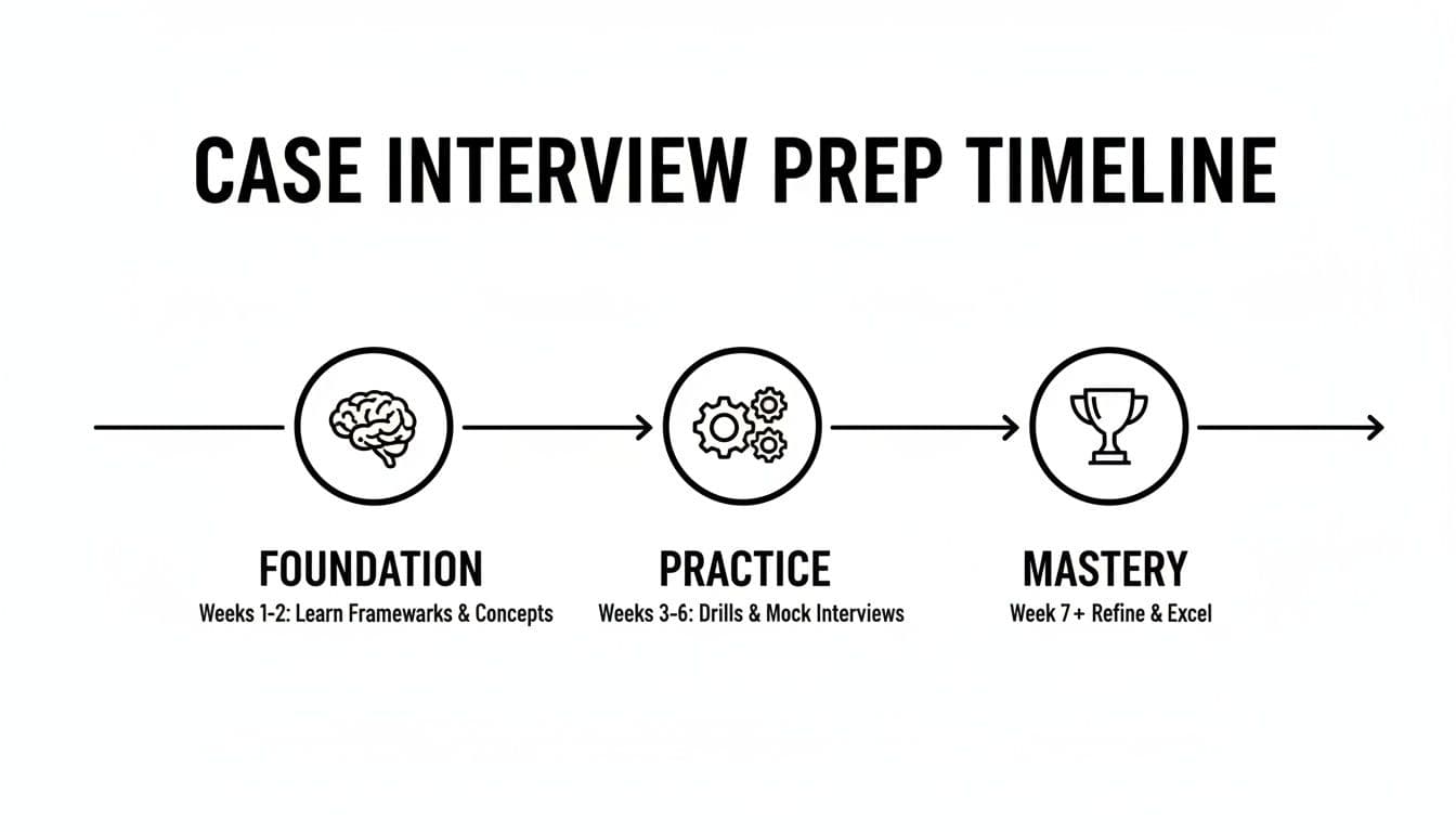 A case interview preparation timeline outlining Foundation, Practice, and Mastery stages with activities.