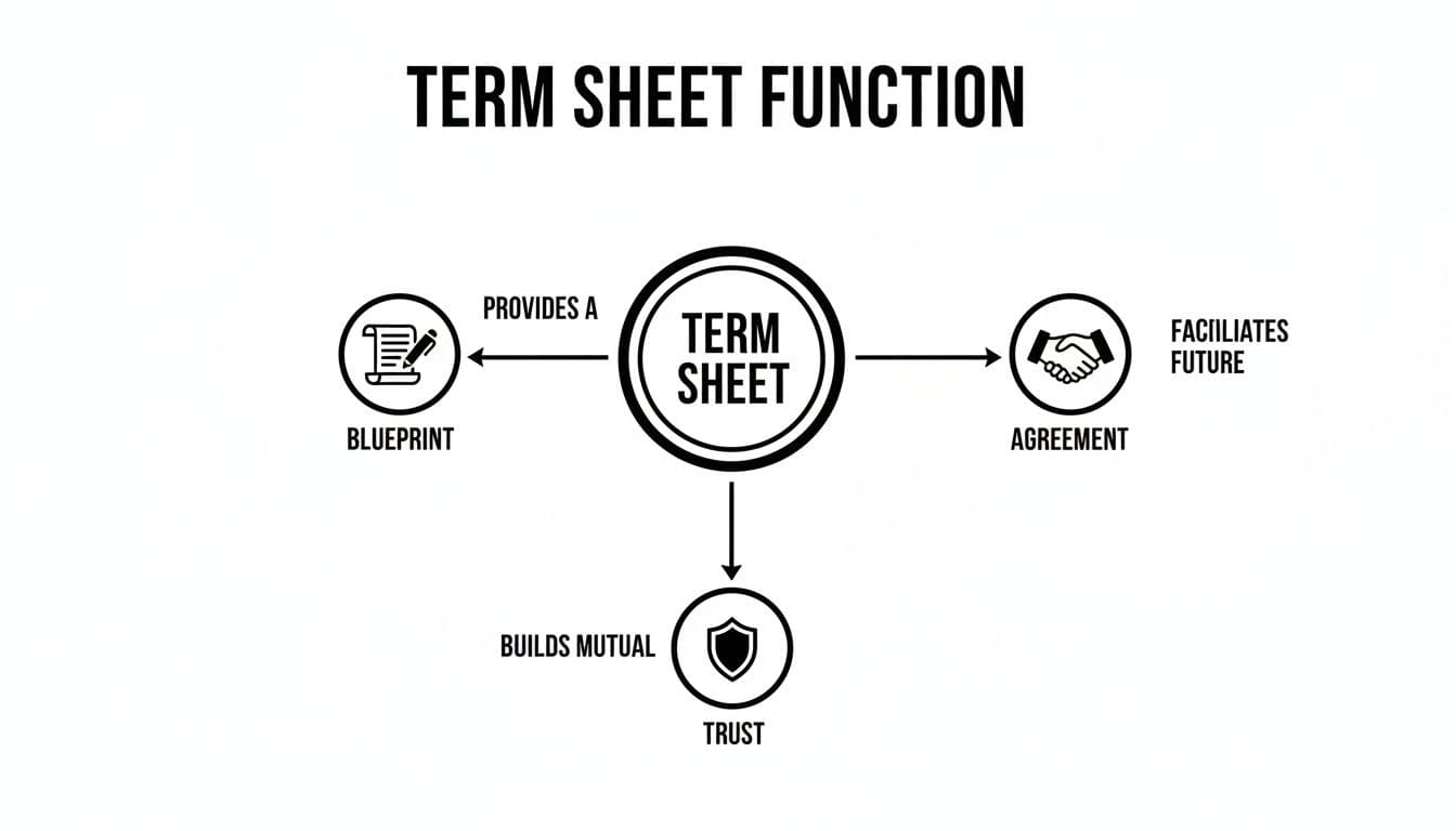Diagram illustrating the functions of a term sheet, showing it as a blueprint, agreement, and trust builder.