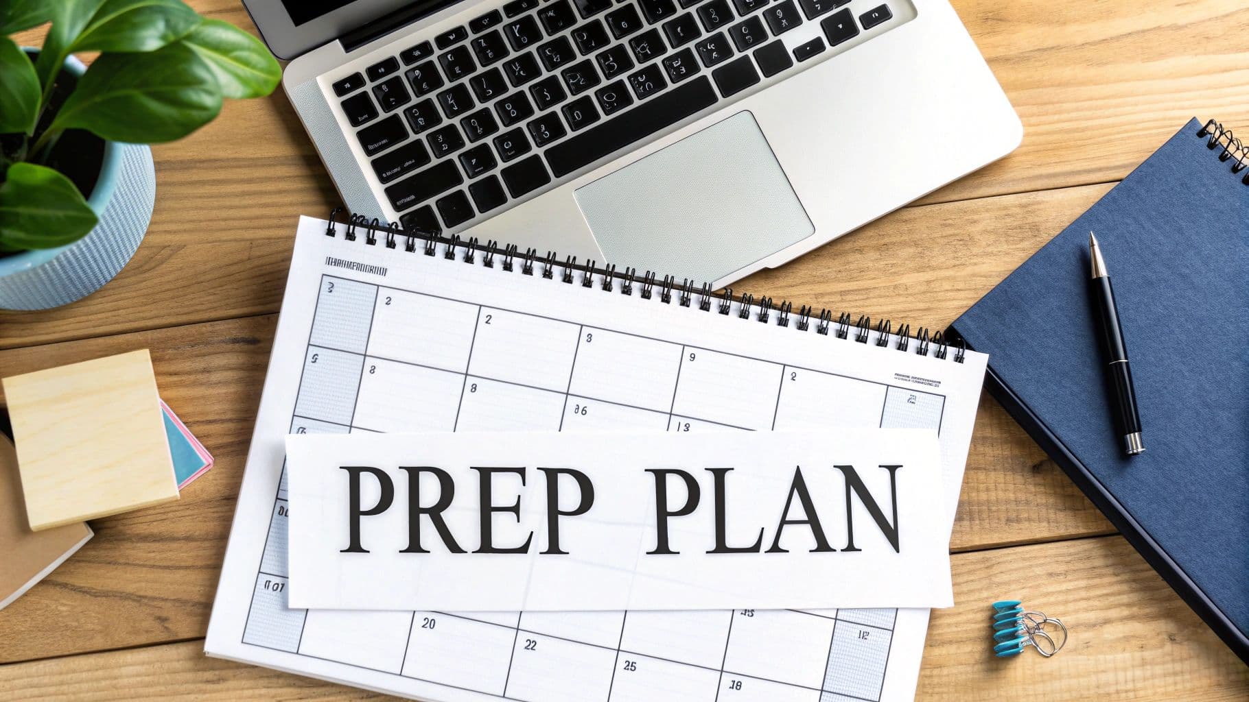 Overhead shot of a wooden desk with a laptop, plant, calendar, and a 'PREP PLAN' note.