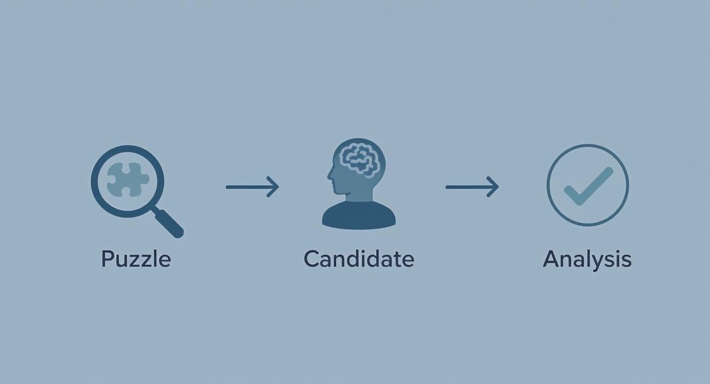 Three-step process flow diagram showing puzzle icon, candidate with brain, and checkmark for analysis