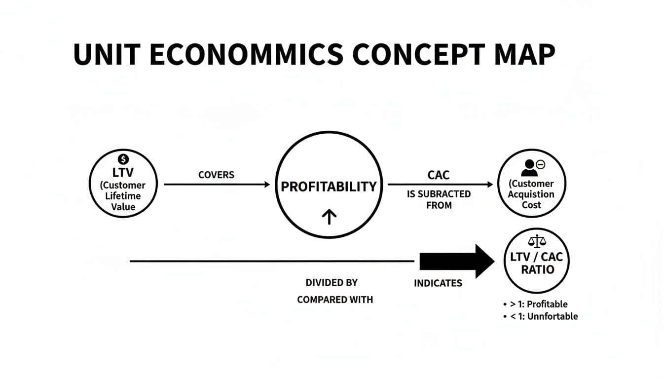 A unit economics concept map showing LTV covering profitability, CAC subtracted from it, and the LTV/CAC ratio.