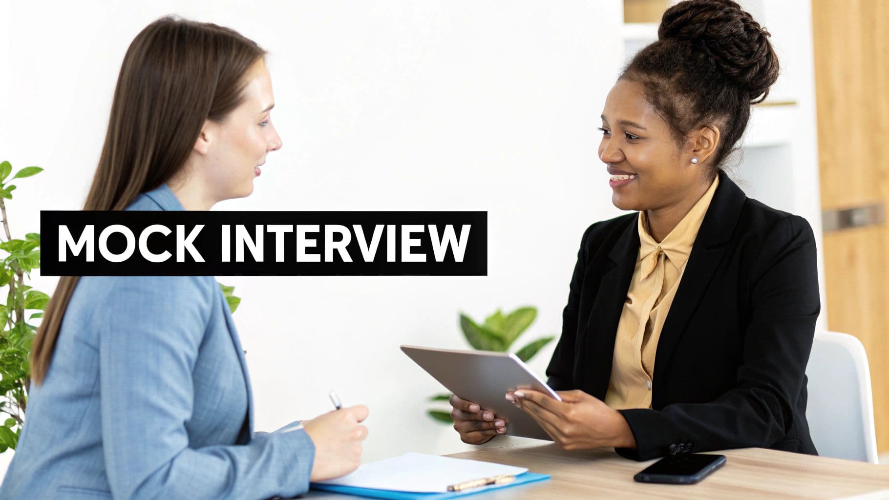 Two women engaged in a mock interview, one taking notes, the other holding a tablet and smiling.