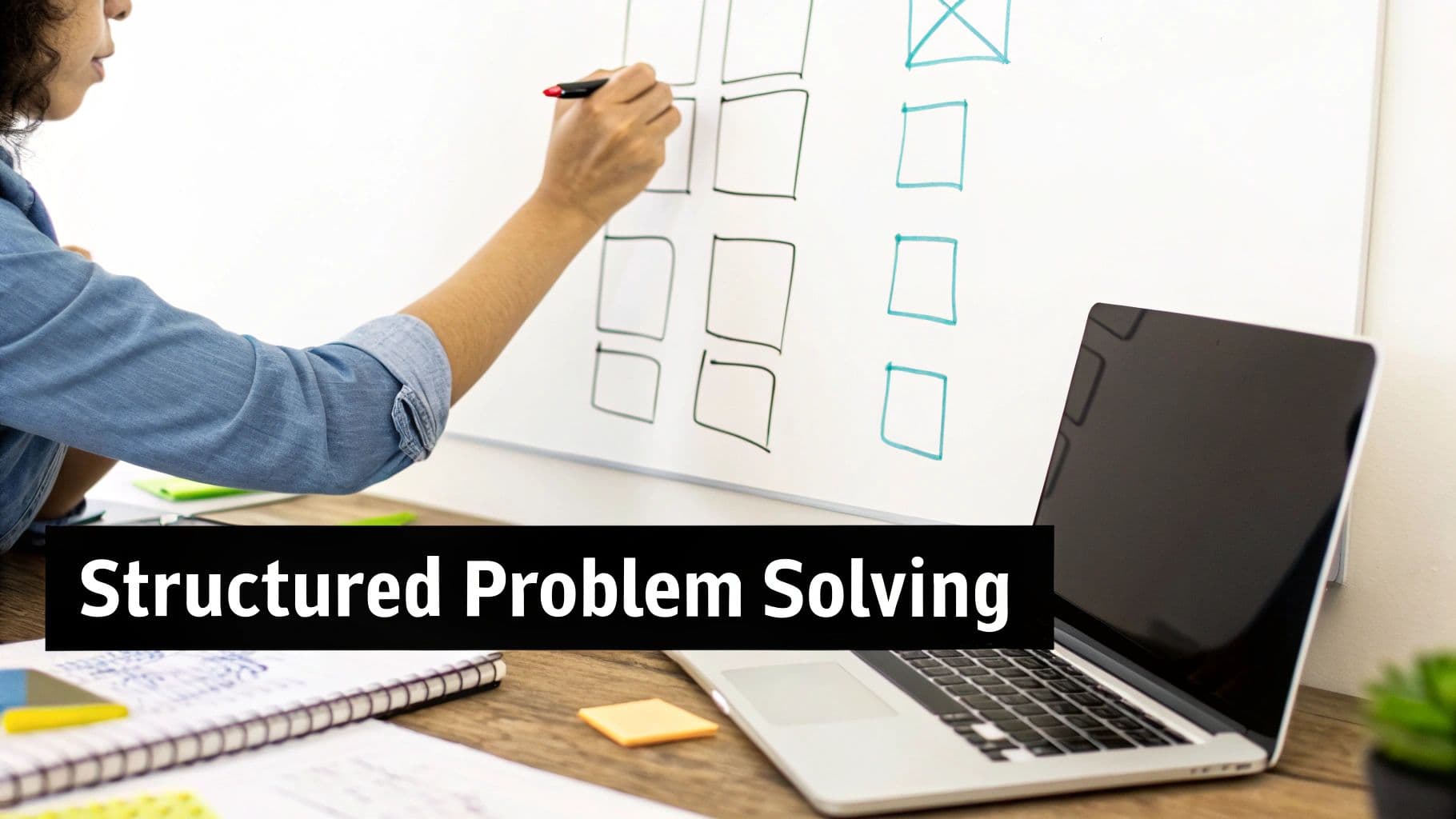 Professional drawing structured problem solving framework on whiteboard with laptop and notes nearby