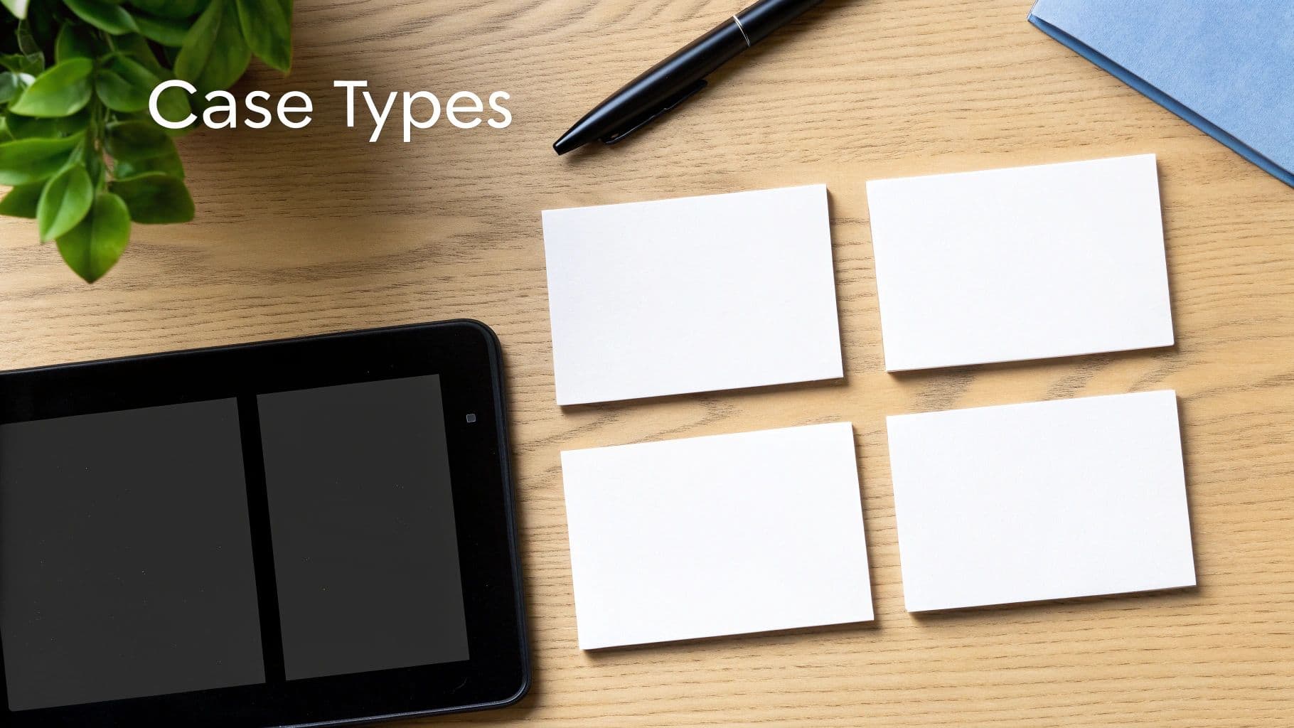 Overhead view of a wooden desk with a tablet, four blank cards, a pen, a plant, and 'Case Types' text.