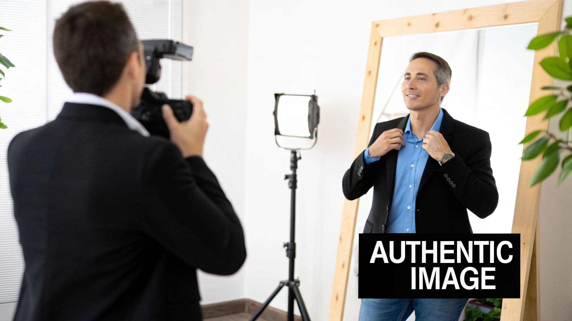 A person in a well-fitted suit adjusting their tie, looking polished and professional in a modern setting.