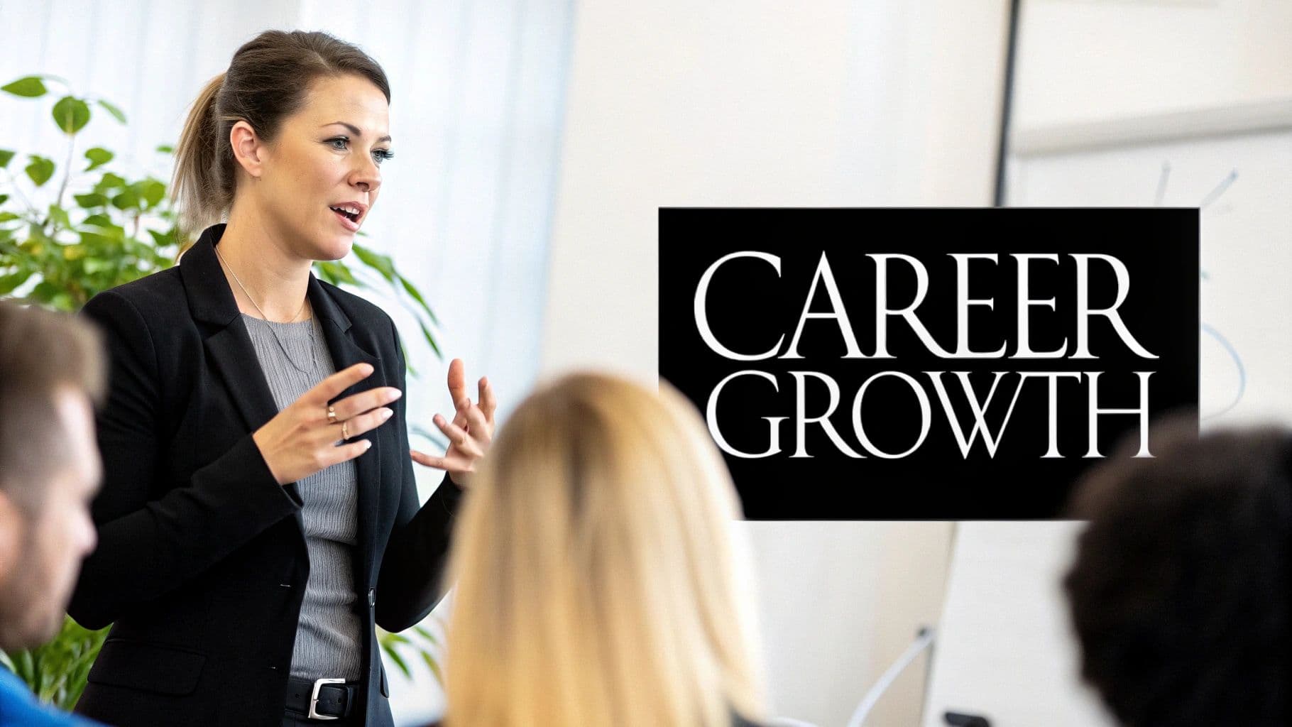 Professional woman presenting career growth seminar to audience in modern office setting
