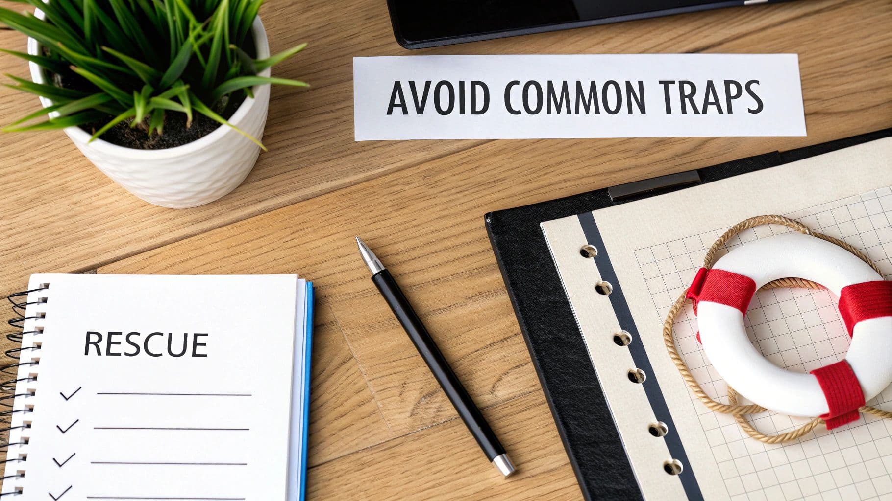 Desk setup with 'AVOID COMMON TRAPS' and 'RESCUE' notes, a lifebuoy, symbolizing strategic planning.