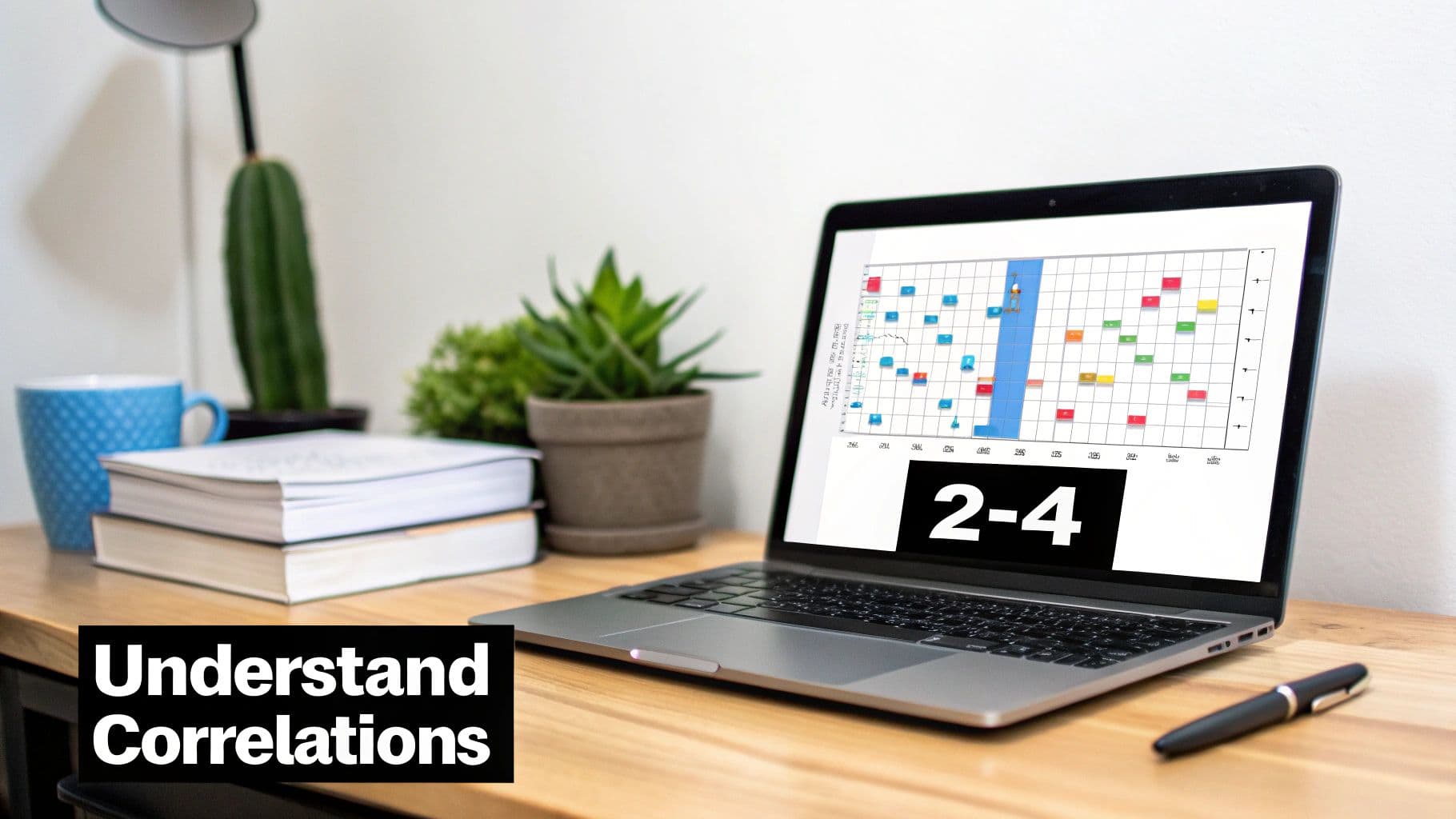 A workspace with a laptop displaying a correlation matrix, books, plants, and a coffee mug.