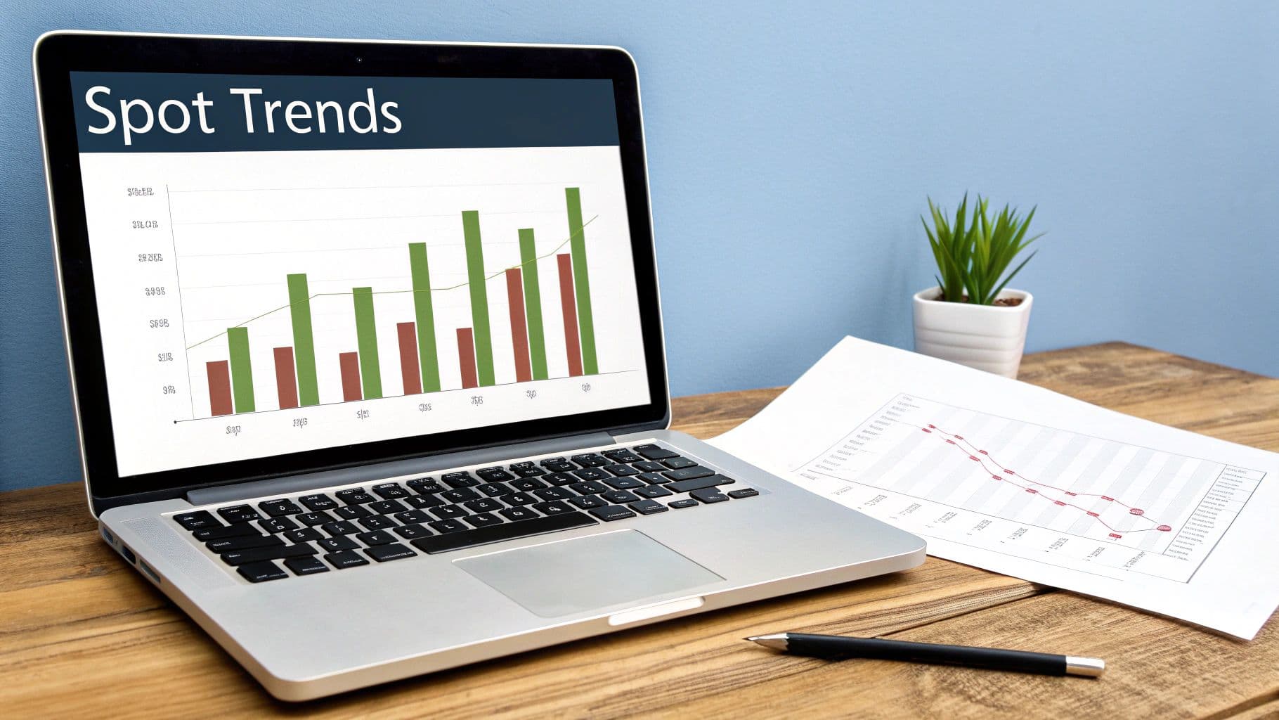 A laptop displaying financial trend charts on a wooden desk with a pen and plant.