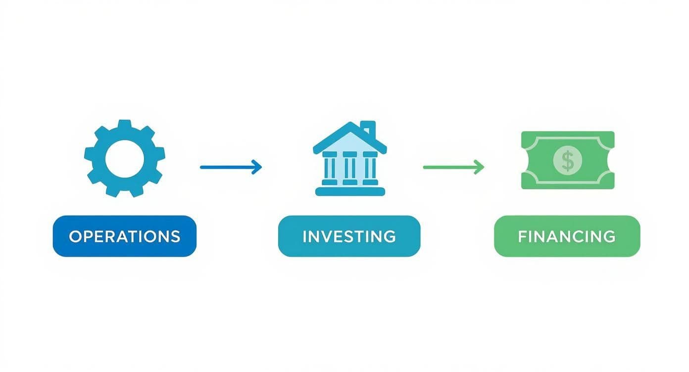 A flowchart illustrating the three core activities of a cash flow statement: Operations, Investing, and Financing.