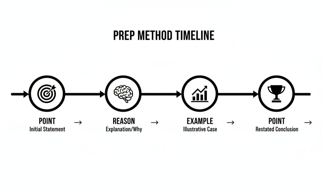 Diagram illustrating the PREP method timeline: Point, Reason, Example, Point, for structured communication.