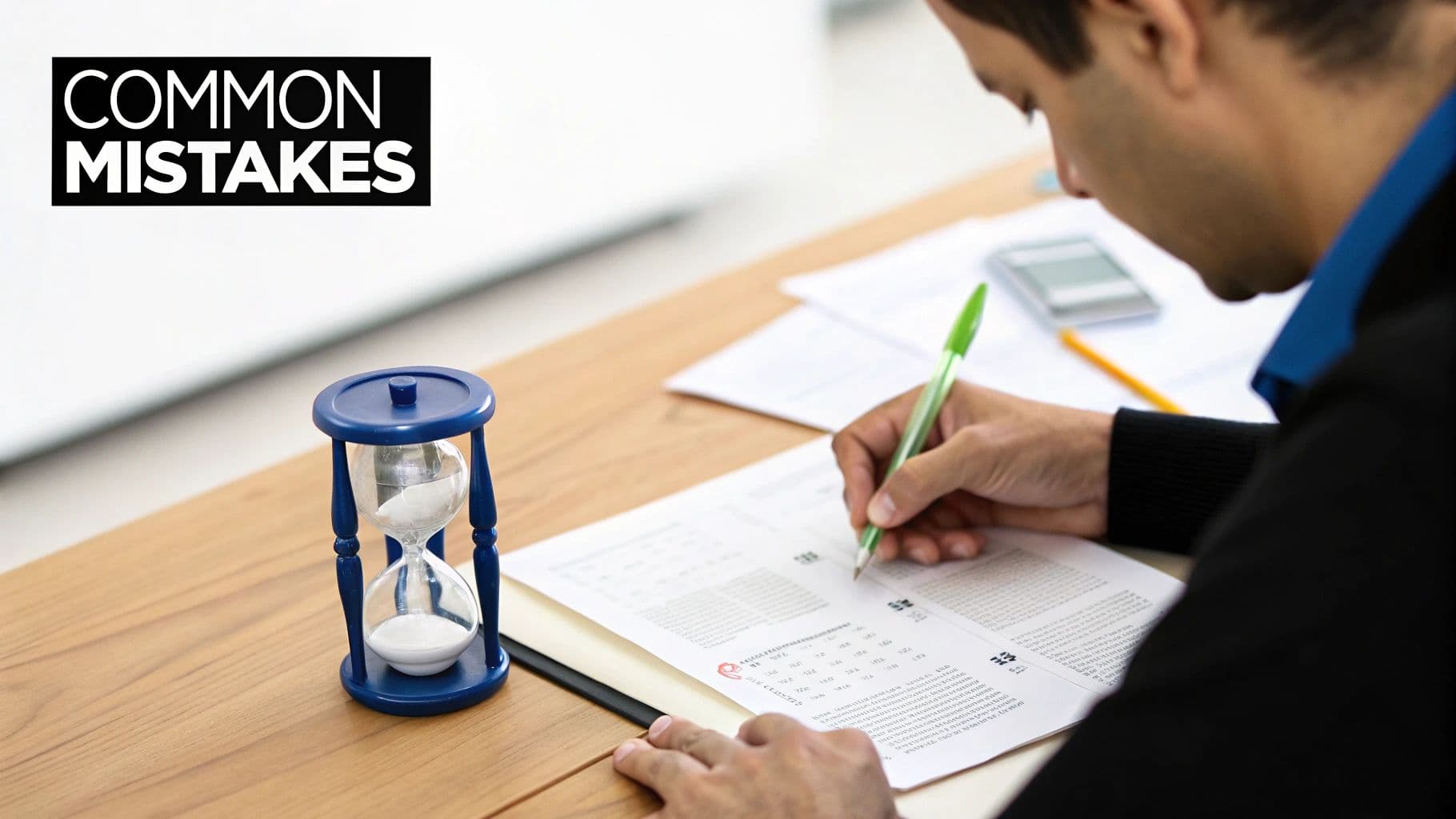 A person takes a timed test, writing with a pen next to an hourglass, with 'COMMON MISTAKES' overlay.
