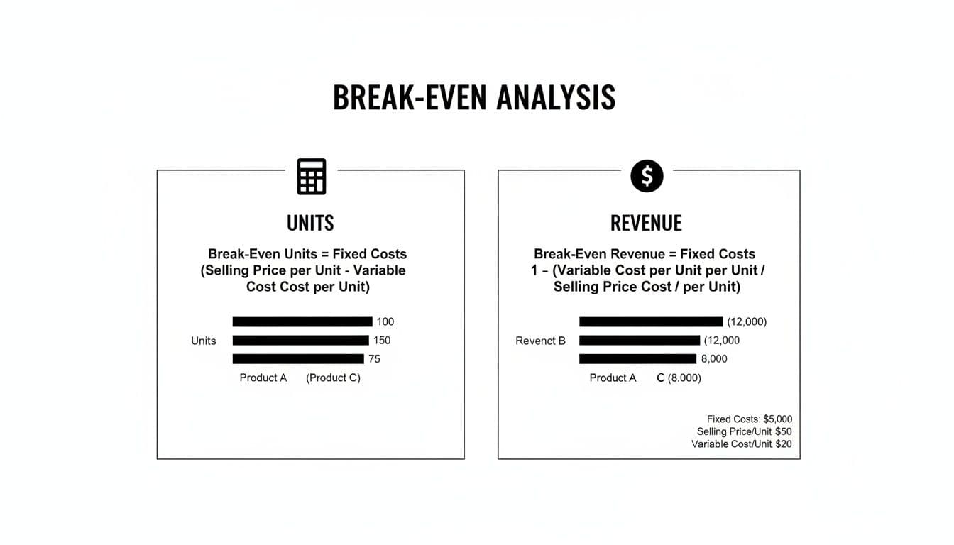 A break-even analysis chart with formulas for calculating break-even units and revenue.