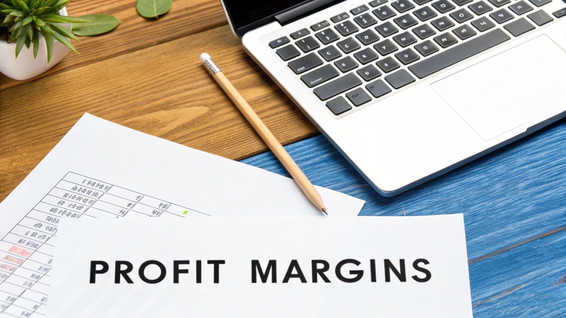 Overhead shot of a wooden and blue desk with a laptop, pencil, plant, and papers. One paper clearly says 'PROFIT MARGINS'.