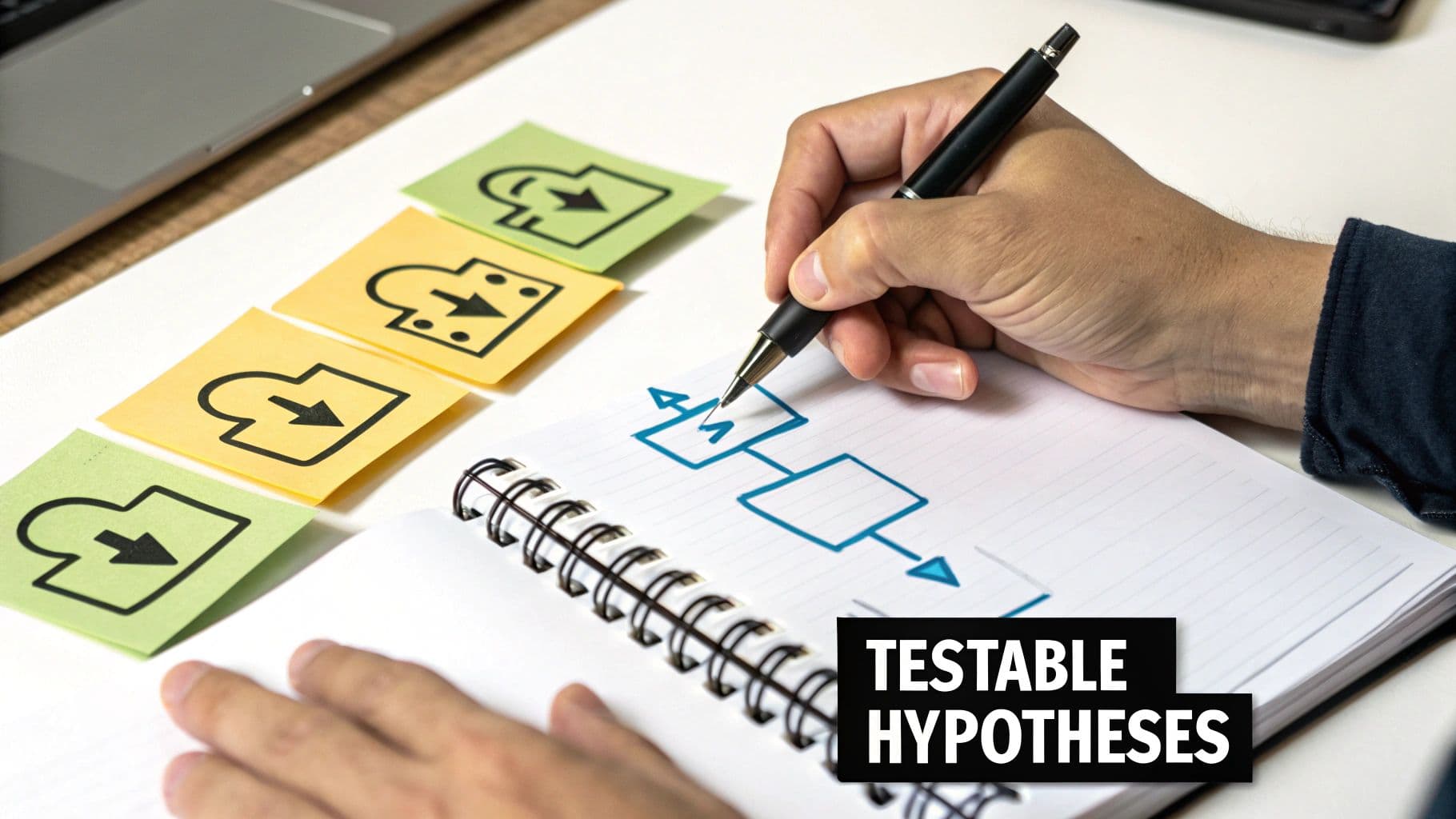A hand sketches a process flowchart in a notebook, surrounded by sticky notes with cloud icons, next to 'Testable Hypotheses'.