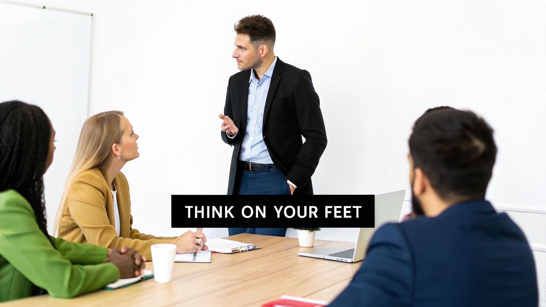 A person standing confidently in a bright, modern office, looking prepared and focused.