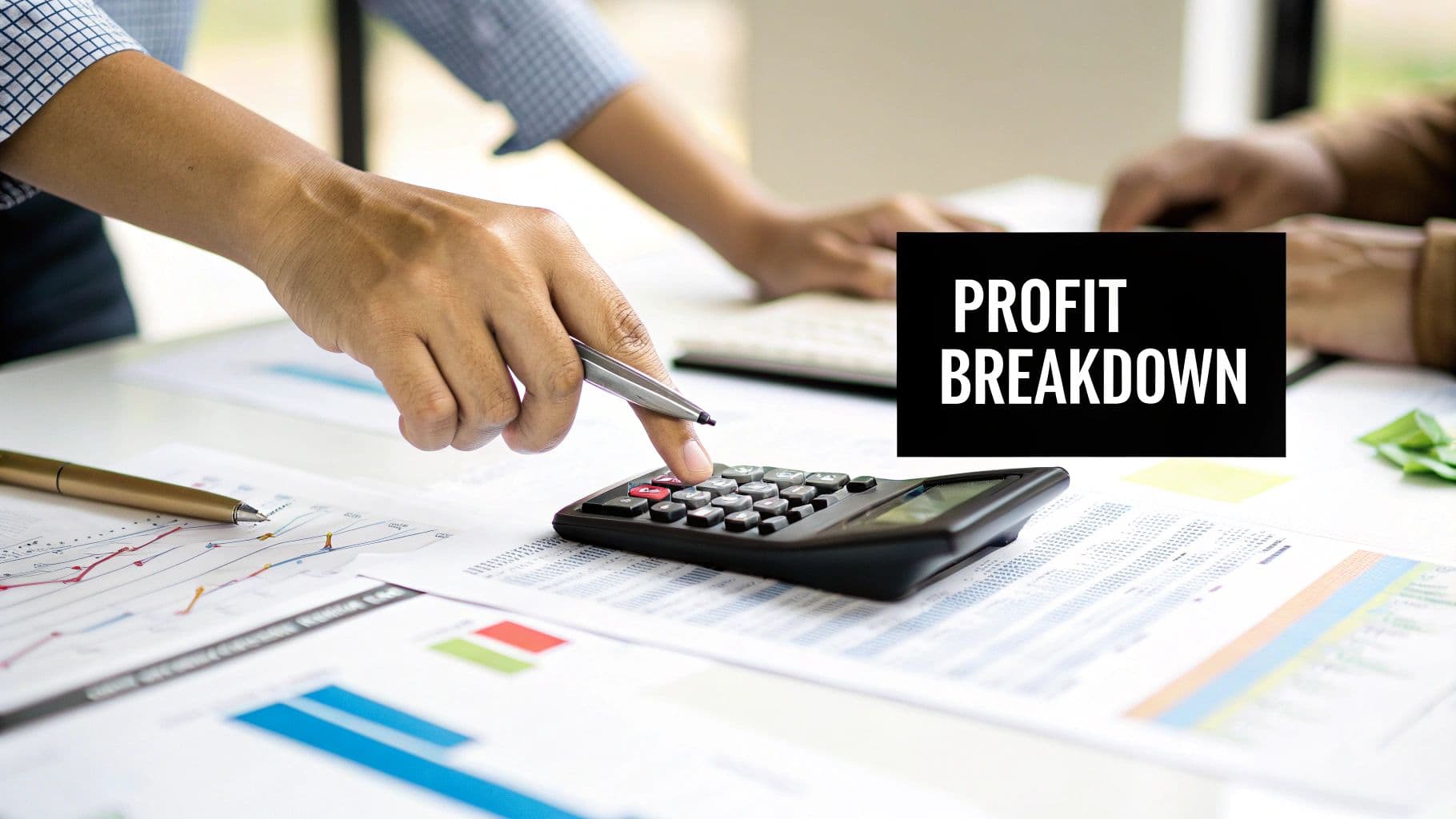 Person's hand using a calculator on a desk filled with financial documents and charts, with 'PROFIT BREAKDOWN' text overlay.