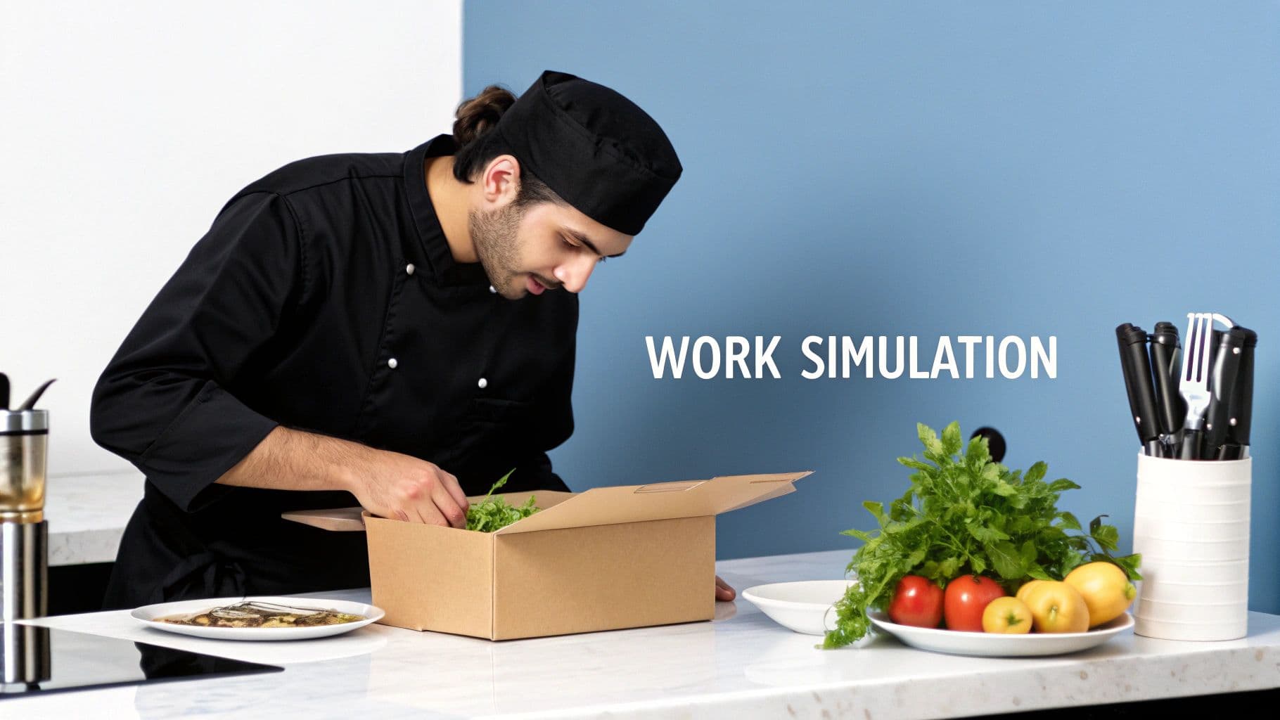A male chef in a black uniform packs fresh greens into a cardboard box on a kitchen counter with fruits and utensils.