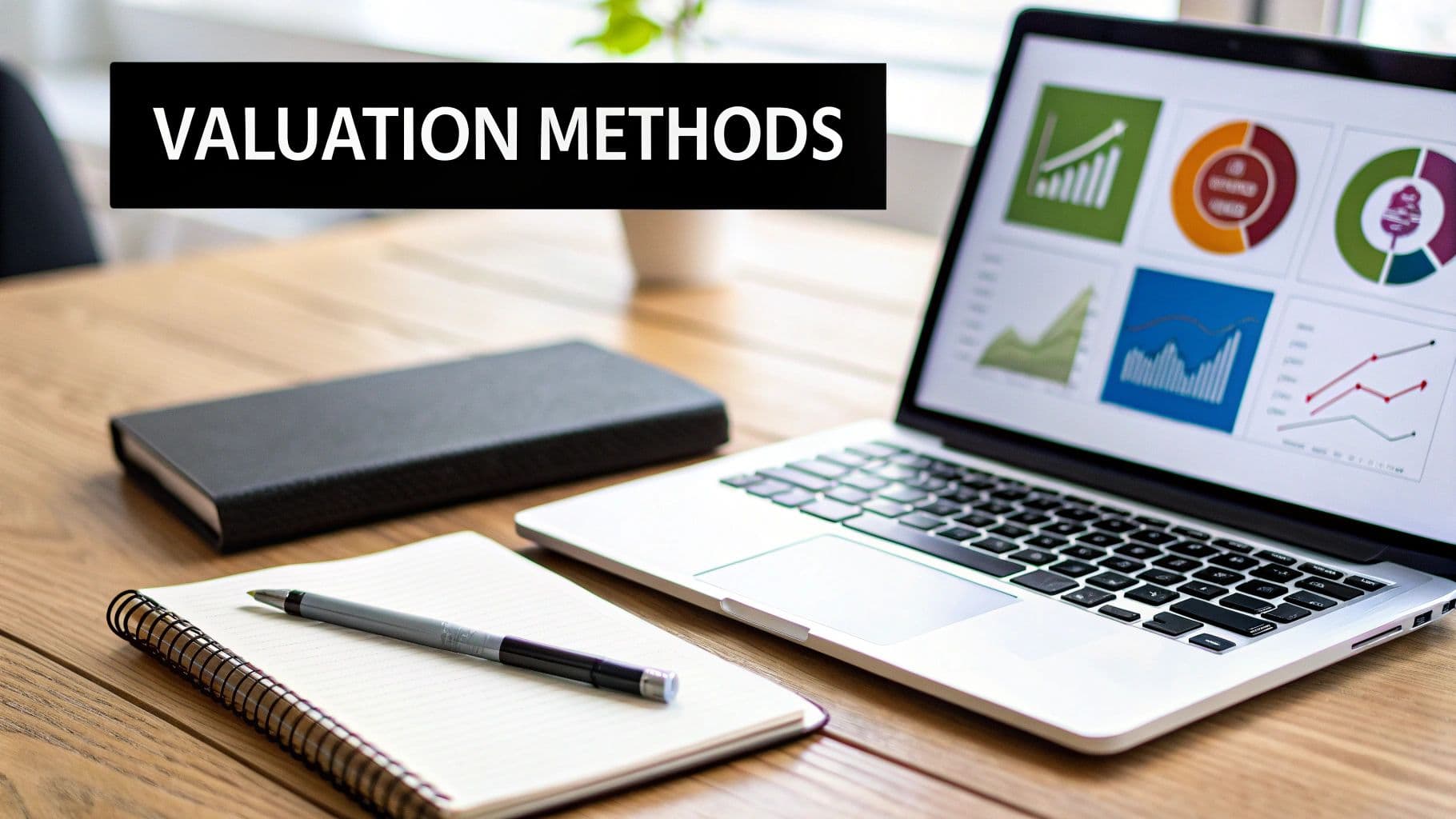A modern workspace with a laptop displaying financial charts, notebooks, and a banner reading 'VALUATION METHODS'.
