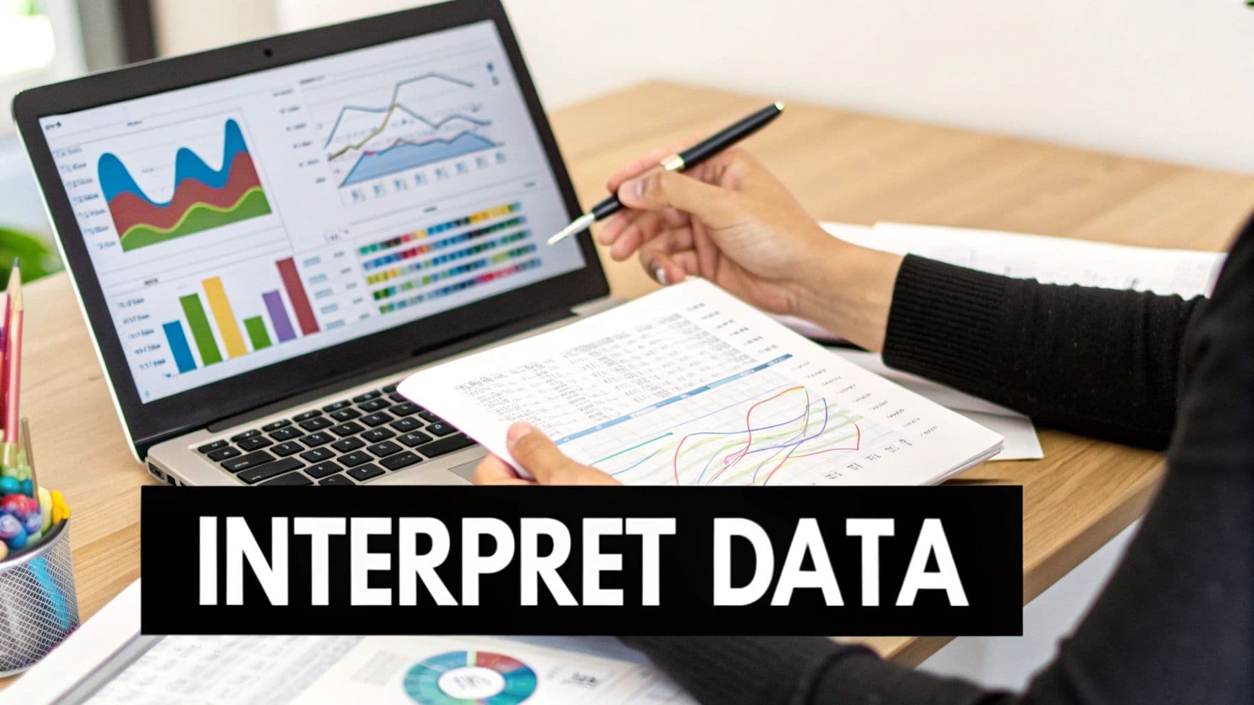 Person analyzing charts and graphs on a laptop and paper documents, interpreting data.