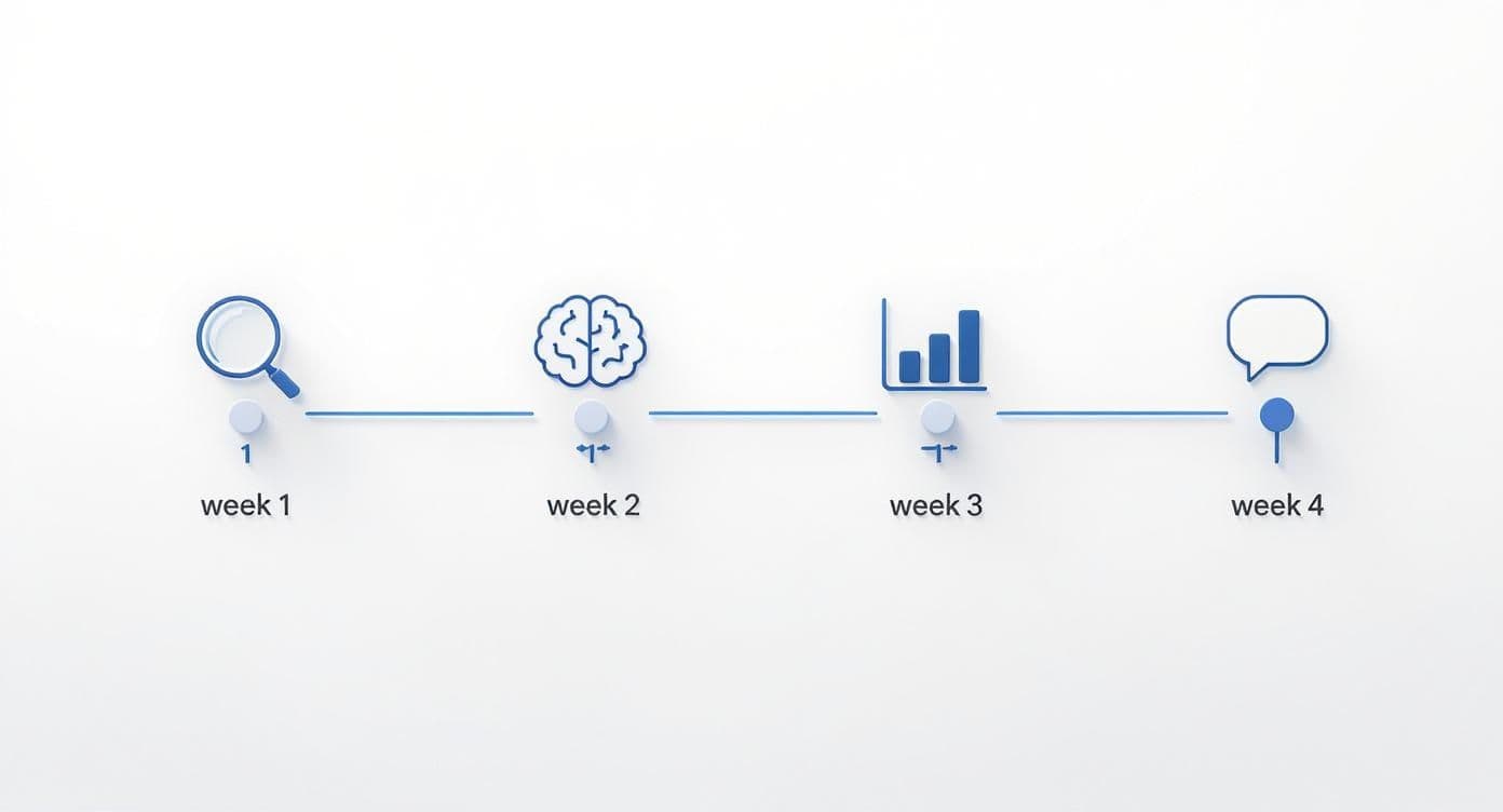 Infographic showing a 4-week timeline for case interview prep, with icons for each week representing a different focus.
