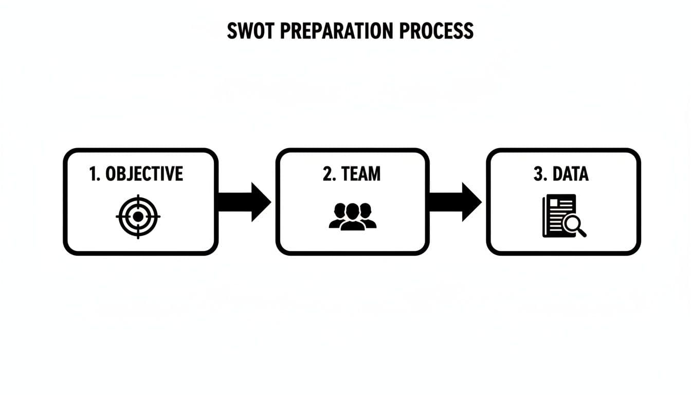 A flowchart illustrating the SWOT preparation process with steps: objective, team, and data collection.