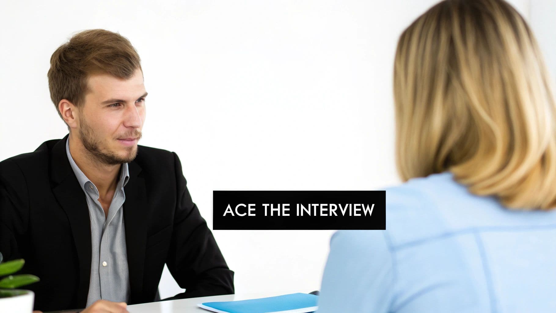 A man in a suit being interviewed by a woman, with text 'ACE THE INTERVIEW'.