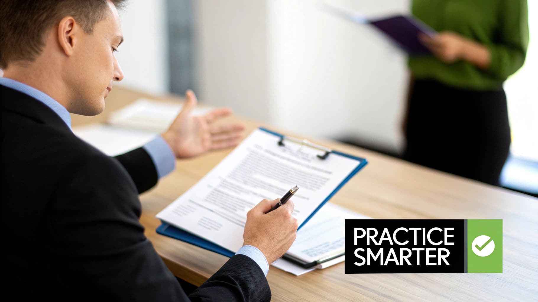 Businessman in a suit reviewing a document with a pen, 'Practice Smarter' logo visible.