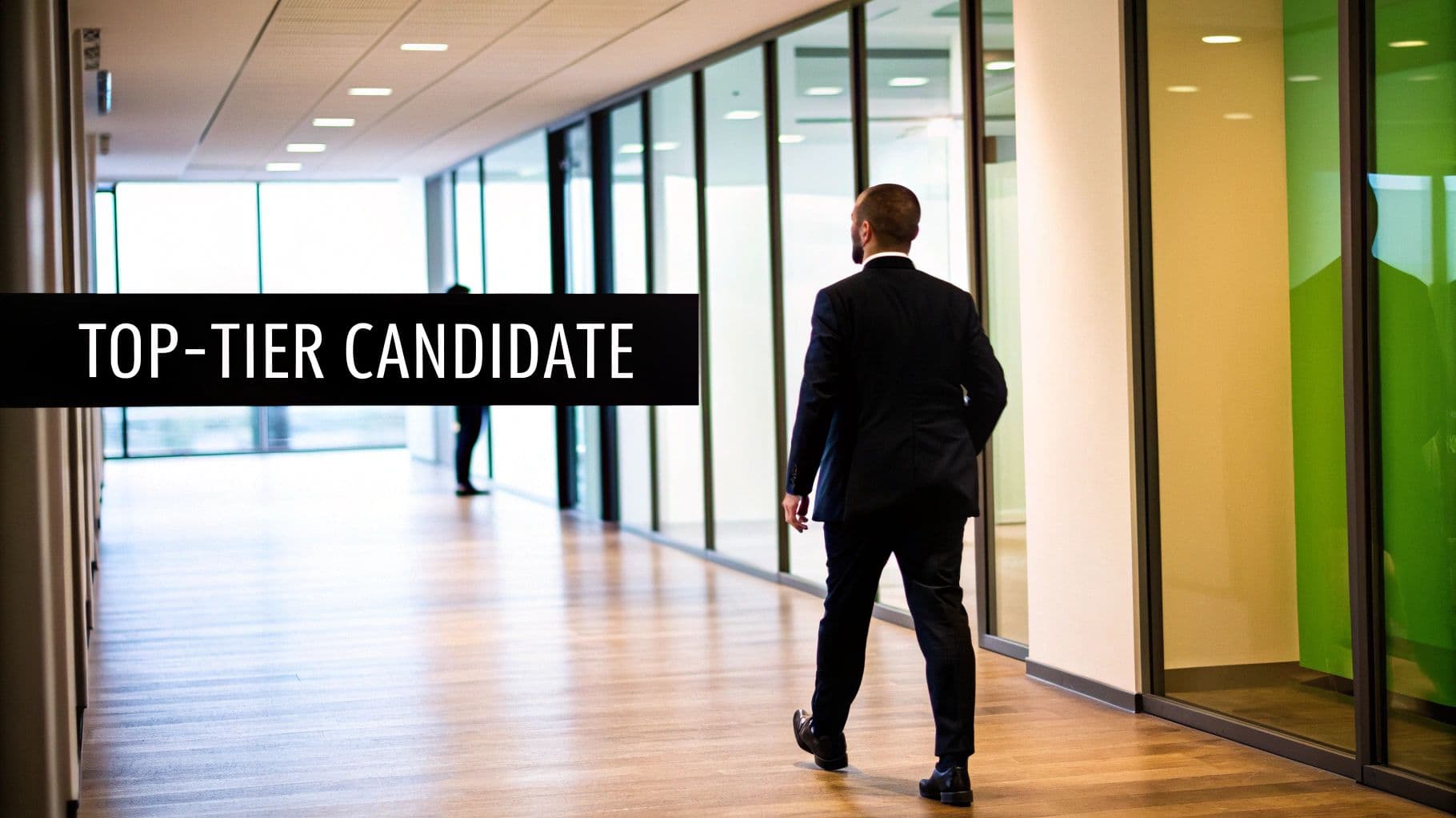 A man in a suit walks down a modern office hallway with glass walls, labeled 'TOP-TIER CANDIDATE'.