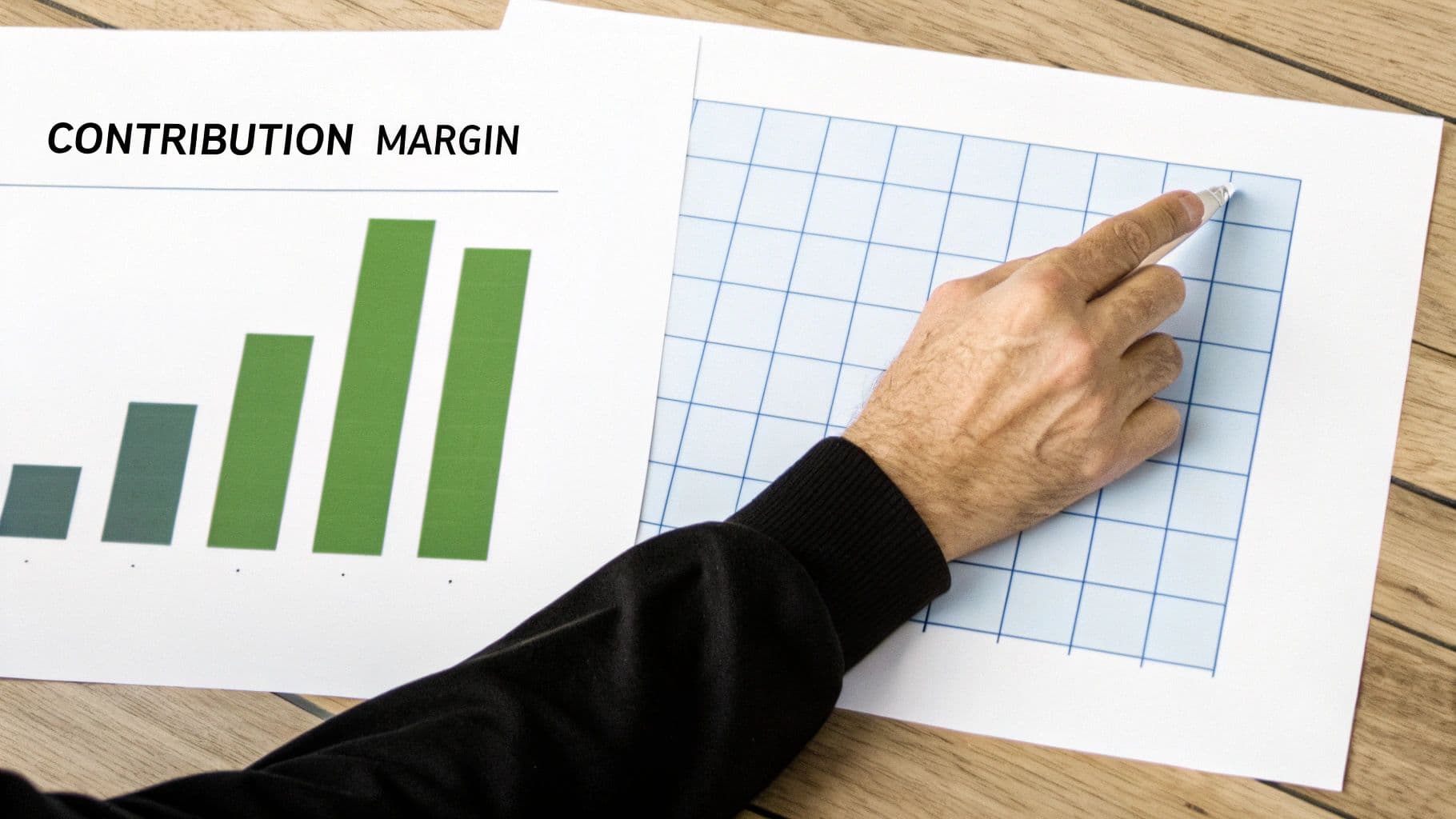 Close-up of a person's hand pointing at a grid sheet next to a 'CONTRIBUTION MARGIN' bar graph.