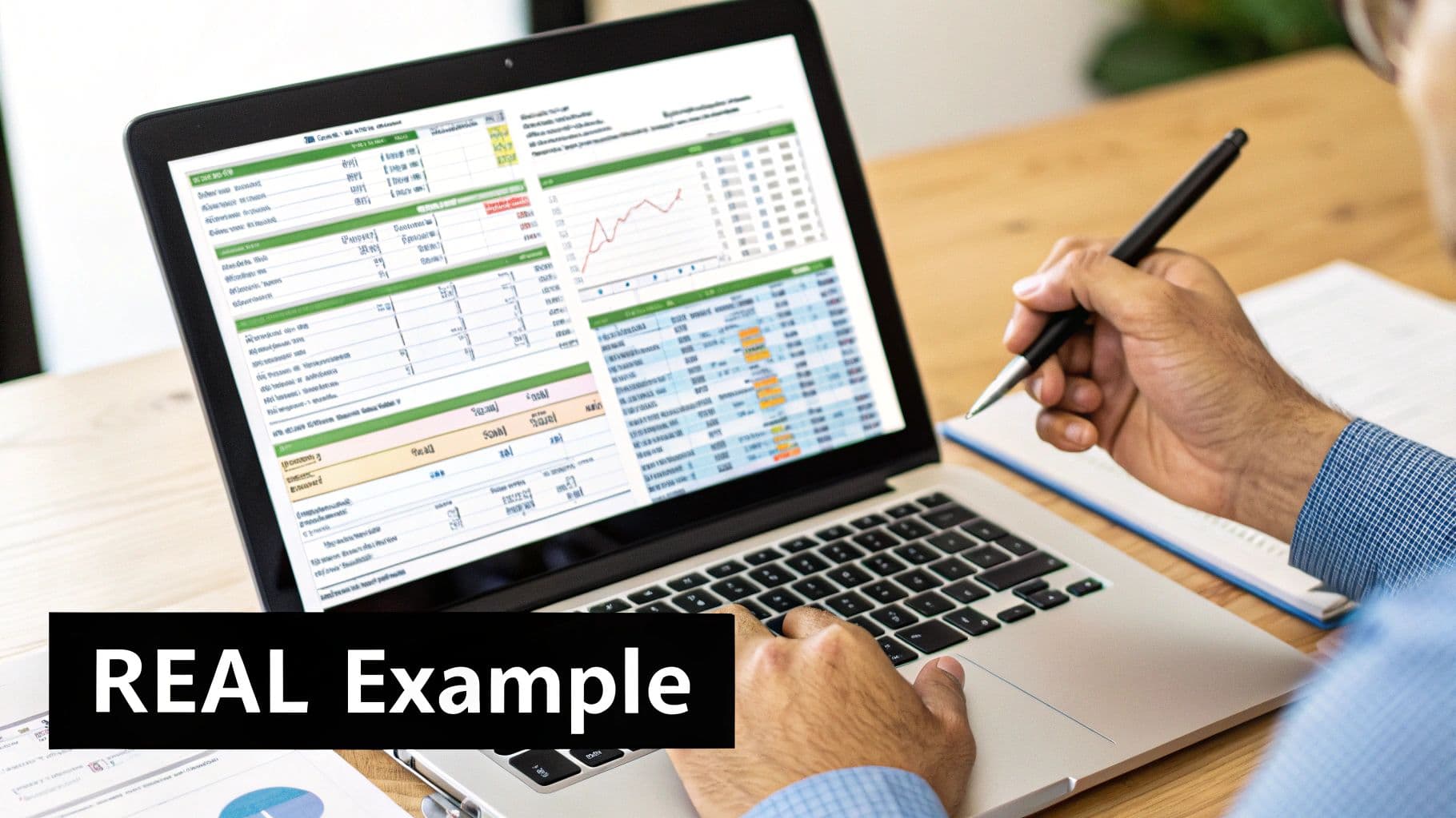Overhead view of a person using a laptop to review an income statement with charts and figures.