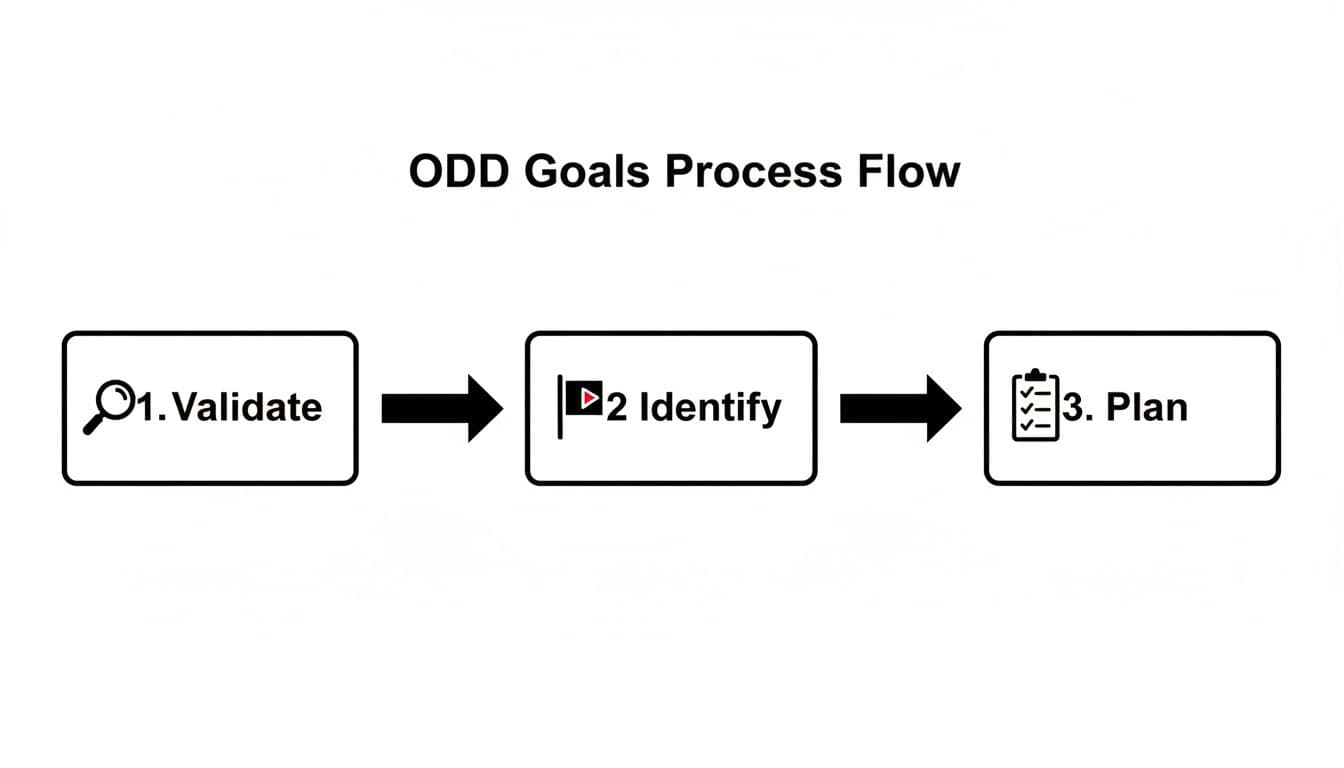 ODD Goals process flow diagram showing three steps: Validate, Identify, and Plan with icons.