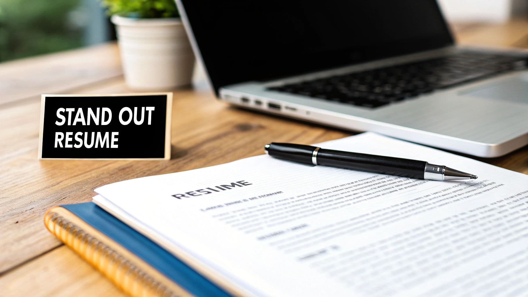 A desk setup with a laptop, a plant, a 'STAND OUT RESUME' sign, a resume document, and a pen.