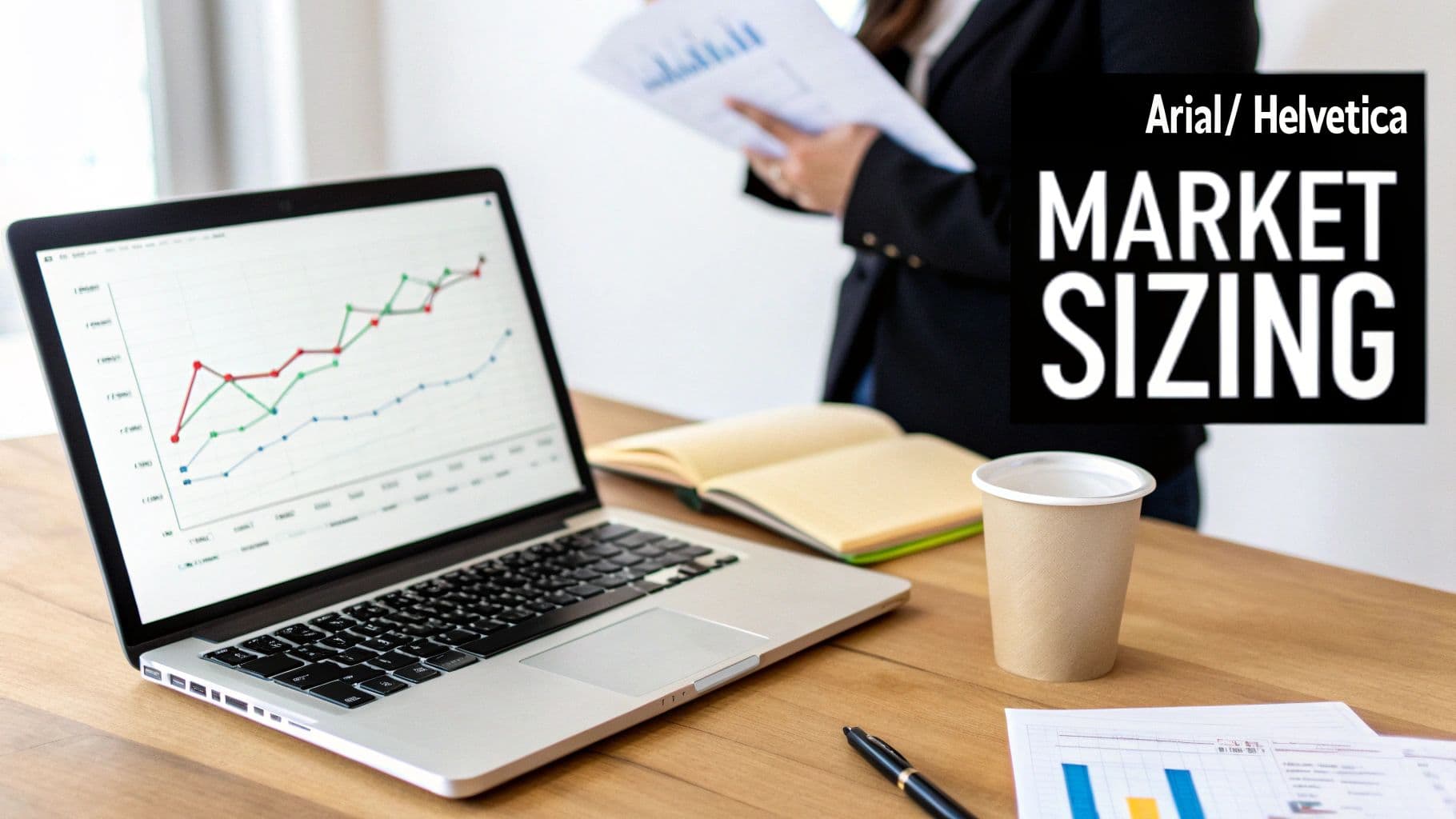 A laptop displays market sizing graphs, with a person reviewing documents and a coffee cup on a wooden desk.
