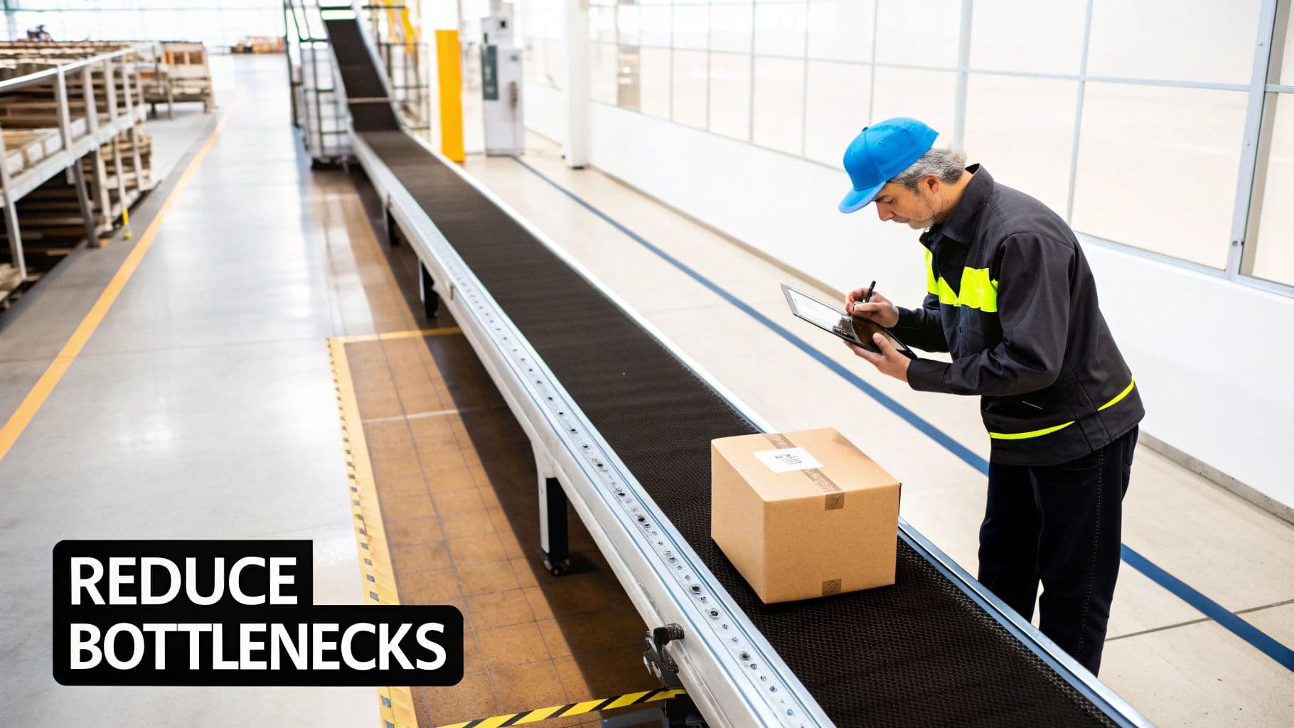 A man in a blue cap inspects a package on a conveyor belt in a large warehouse using a tablet.