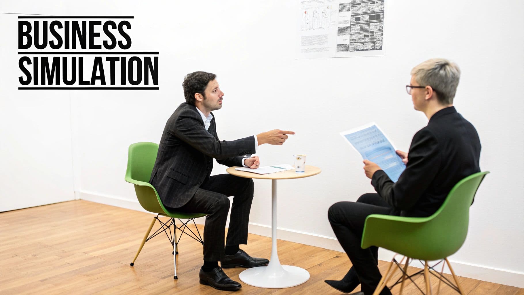 Two business professionals engage in a discussion during a business simulation session.