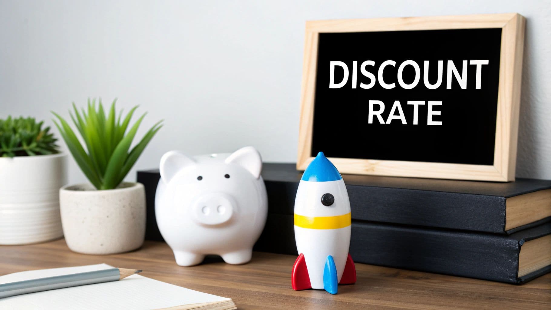A chalkboard displaying 'DISCOUNT RATE' on a desk with a piggy bank, a rocket toy, and plants.