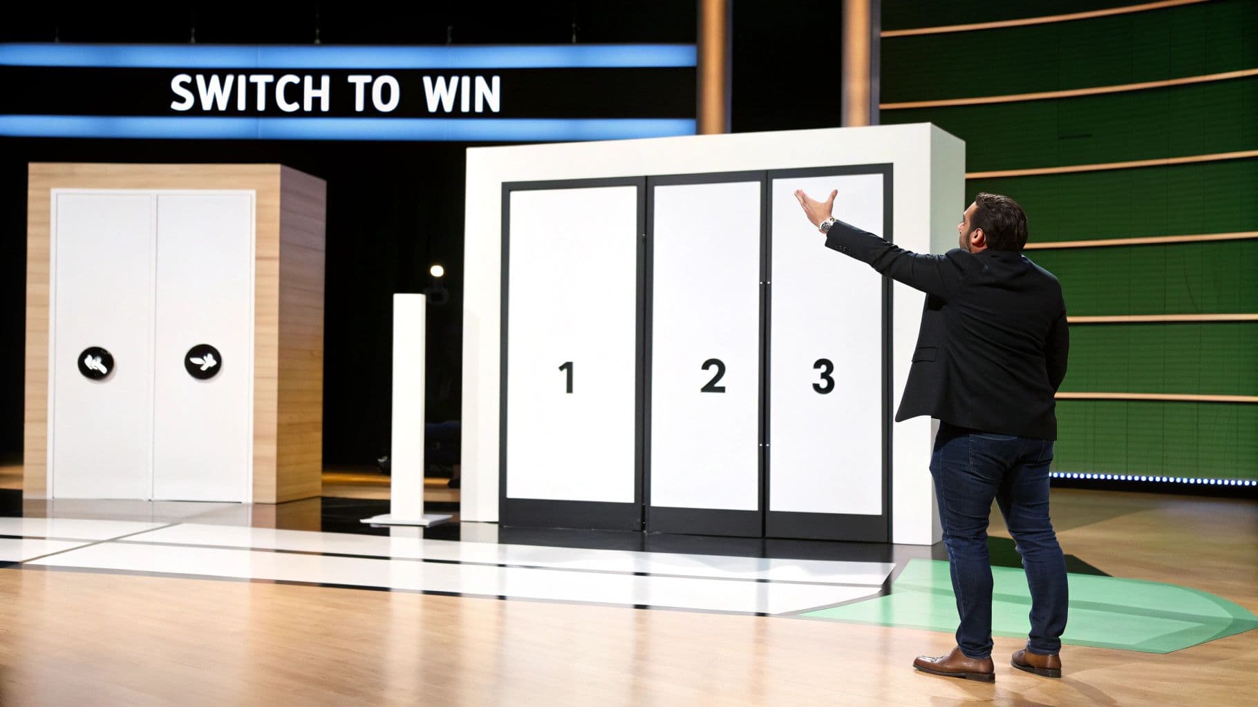 A man on a game show stage gestures towards three numbered doors, with 'SWITCH TO WIN' text.