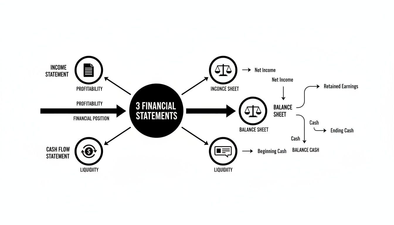 Diagram illustrating the interconnections and flow between the three core financial statements: Income, Balance, and Cash Flow.