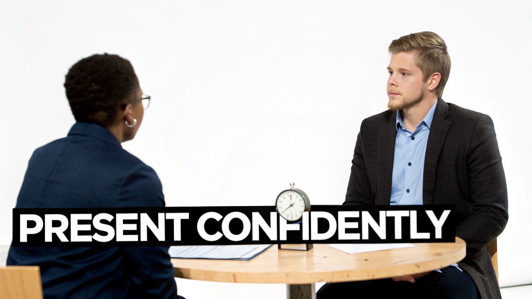 Two professionals sit at a table for a meeting or interview, with 'PRESENT CONFIDENTLY' text.